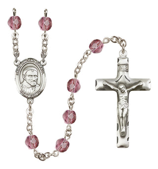 Silver Plated 6mm Fire Polished Saint Vincent de Paul Rosary in Amethyst