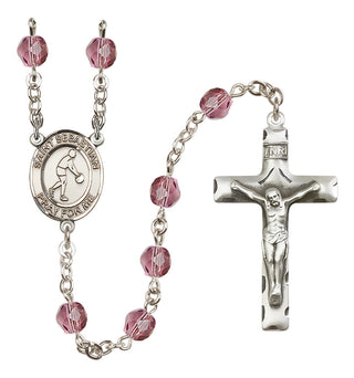 Silver Plated 6mm Fire Polished Saint Sebastian/Basketball Rosary in Amethyst