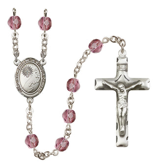 Silver Plated 6mm Fire Polished Footprints / Cross Rosary in Amethyst