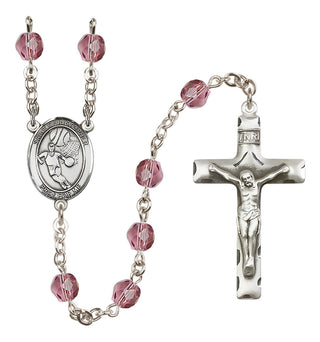 Silver Plated 6mm Fire Polished Saint Christopher/Basketball Rosary in Amethyst