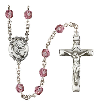 Silver Plated 6mm Fire Polished Saint Christopher/Hockey Rosary in Amethyst