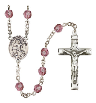 Silver Plated 6mm Fire Polished Saint Sebastian/Soccer-Women Rosary in Amethyst