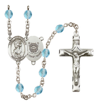Silver Plated 6mm Fire Polished Saint Christopher / Coast Guard Rosary in Aqua