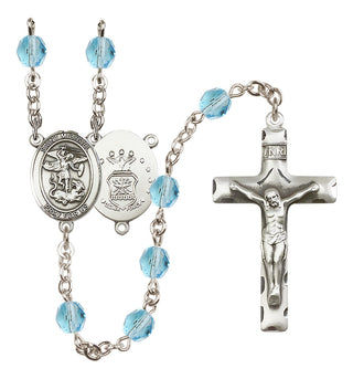 Silver Plated 6mm Fire Polished Saint Michael / Air Force Rosary in Aqua