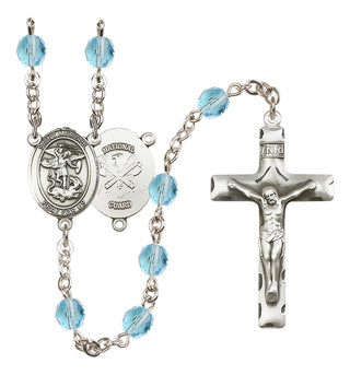 Silver Plated 6mm Fire Polished Saint Michael / Nat'l Guard Rosary in Aqua