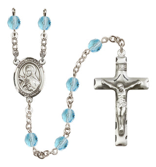 Silver Plated 6mm Fire Polished Saint Theresa Rosary in Aqua