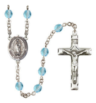 Silver Plated 6mm Fire Polished Virgen de Guadalupe Rosary in Aqua