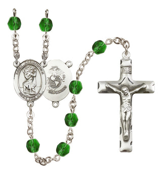 Silver Plated 6mm Fire Polished Saint Christopher / Marines Rosary in Emerald