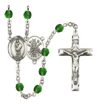 Silver Plated 6mm Fire Polished Saint Florian/Firefighter Rosary in Emerald