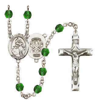 Silver Plated 6mm Fire Polished Saint Joan of Arc / Nat'l Guard Rosary in Emerald