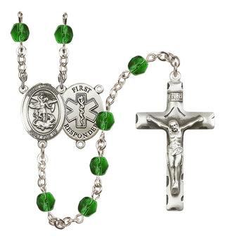 Silver Plated 6mm Fire Polished Saint Michael/1St Responder Rosary in Emerald