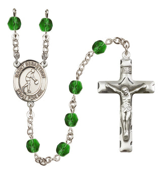 Silver Plated 6mm Fire Polished Saint Sebastian/Basketball Rosary in Emerald
