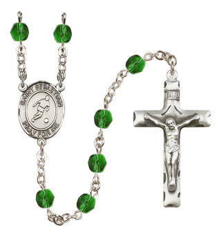 Silver Plated 6mm Fire Polished Saint Sebastian/Soccer Rosary in Emerald