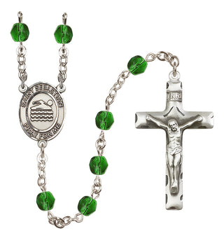 Silver Plated 6mm Fire Polished Saint Sebastian/Swimming Rosary in Emerald