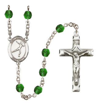 Silver Plated 6mm Fire Polished Saint Sebastian/Figure Skating Rosary in Emerald