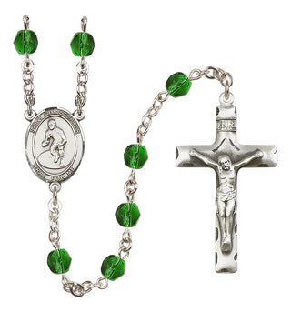 Silver Plated 6mm Fire Polished Saint Christopher/Wrestling Rosary in Emerald