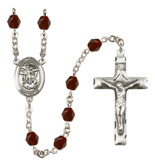 Silver Plated 6mm Fire Polished Saint Michael the Archangel Rosary in Garnet