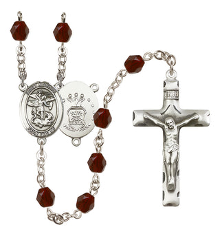 Silver Plated 6mm Fire Polished Saint Michael / Air Force Rosary in Garnet