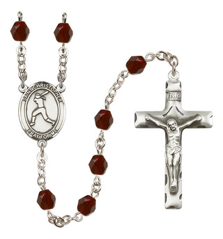 Silver Plated 6mm Fire Polished Saint Christopher/Softball Rosary in Garnet