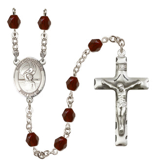 Silver Plated 6mm Fire Polished Saint Christopher/Water Polo Men Rosary in Garnet