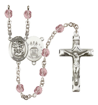 Silver Plated 6mm Fire Polished Saint Michael / Air Force Rosary in Light Amethyst