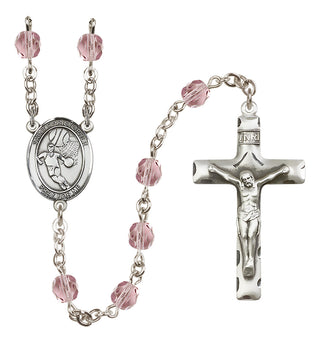 Silver Plated 6mm Fire Polished Saint Christopher/Basketball Rosary in Light Amethyst