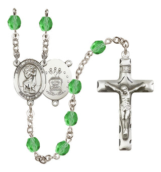 Silver Plated 6mm Fire Polished Saint Christopher / Air Force Rosary in Peridot