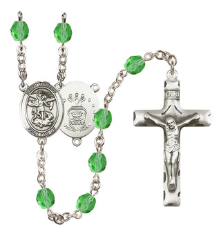 Silver Plated 6mm Fire Polished Saint Michael / Air Force Rosary in Peridot