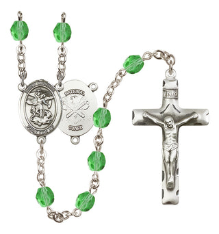 Silver Plated 6mm Fire Polished Saint Michael / Nat'l Guard Rosary in Peridot