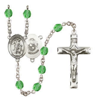 Silver Plated 6mm Fire Polished Guardian Angel / Marine Corp Rosary in Peridot
