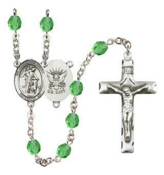 Silver Plated 6mm Fire Polished Guardian Angel / Navy Rosary in Peridot