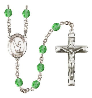 Silver Plated 6mm Fire Polished Saint Christopher/Gymnastics Rosary in Peridot