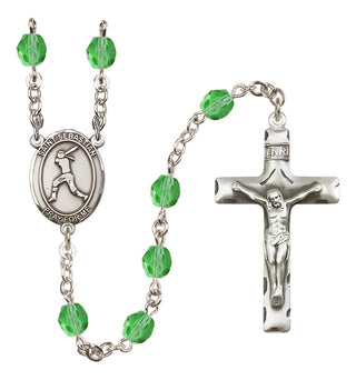 Silver Plated 6mm Fire Polished Saint Sebastian / Softball Rosary in Peridot