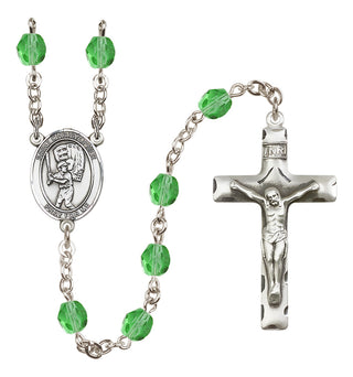Silver Plated 6mm Fire Polished Saint Christopher/Baseball Rosary in Peridot