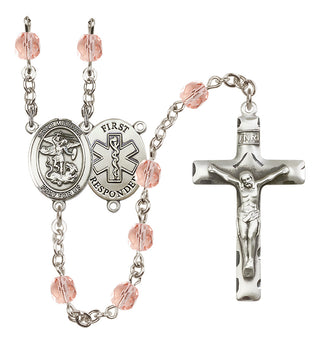 Silver Plated 6mm Fire Polished Saint Michael/1St Responder Rosary in Pink
