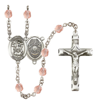 Silver Plated 6mm Fire Polished Saint Michael the Archangel/Policeman Rosary in Pink