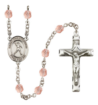 Silver Plated 6mm Fire Polished Saint Christopher/Football Rosary in Pink