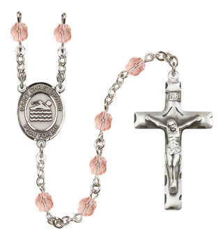 Silver Plated 6mm Fire Polished Saint Christopher/Swimming Rosary in Pink