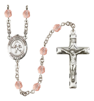 Silver Plated 6mm Fire Polished Saint Sebastian/Field Hockey Rosary in Pink