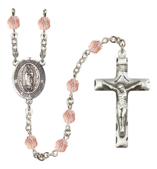 Silver Plated 6mm Fire Polished Virgen de Guadalupe Rosary in Pink