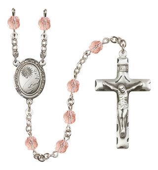 Silver Plated 6mm Fire Polished Footprints / Cross Rosary in Pink