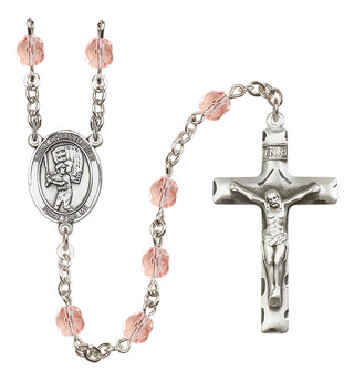 Silver Plated 6mm Fire Polished Saint Christopher/Baseball Rosary in Pink