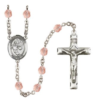 Silver Plated 6mm Fire Polished Saint Christopher/Basketball Rosary in Pink