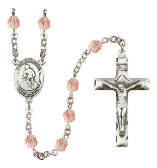 Silver Plated 6mm Fire Polished Saint Sebastian/Wrestling Rosary in Pink
