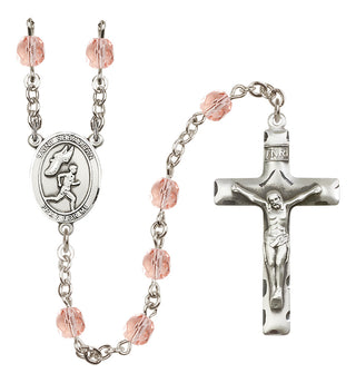 Silver Plated 6mm Fire Polished Saint Sebastian /Track&Field-Men Rosary in Pink