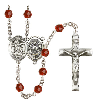 Silver Plated 6mm Fire Polished Saint Michael the Archangel/Policeman Rosary in Ruby