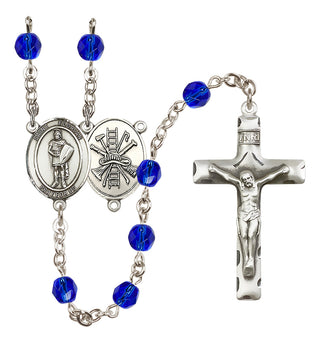 Silver Plated 6mm Fire Polished Saint Florian/Firefighter Rosary in Sapphire