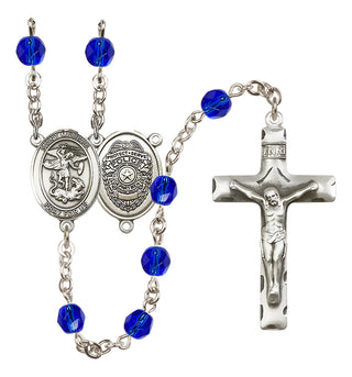 Silver Plated 6mm Fire Polished Saint Michael the Archangel/Policeman Rosary in Sapphire