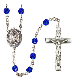 Silver Plated 6mm Fire Polished Virgen de Guadalupe Rosary in Sapphire