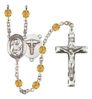 Silver Plated 6mm Fire Polished Saint Camillus of Lellis / Nurse Rosary in Topaz